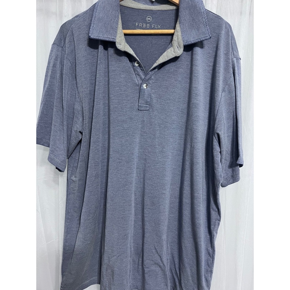 FREE FLY Mens 2XL Blue Short Sleeve Collared Polo Shirt Comfort On Adventure